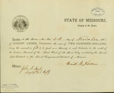 Staaten, die Daniel S. Horman von August Leisse, dem Schatzmeister des Staates Missouri, County of St. Louis, zweihundert Dollar als Prämie erhalten hat von Daniel S. Horman